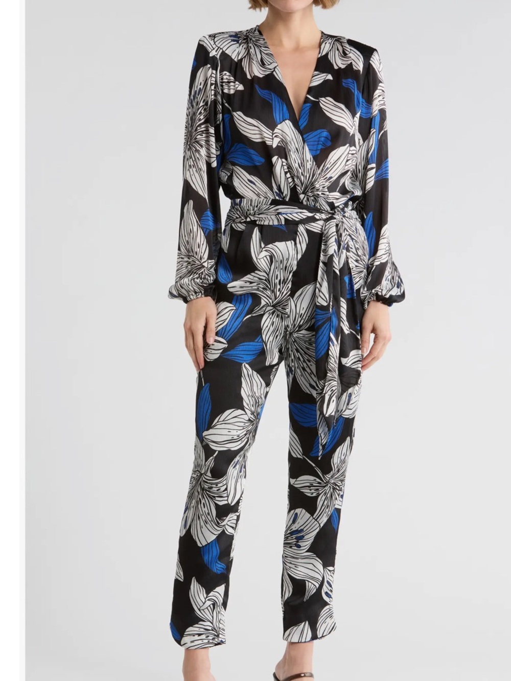 Ramy Brook Valery Jumpsuit Size Small Black Lily Print Surplice Neckline